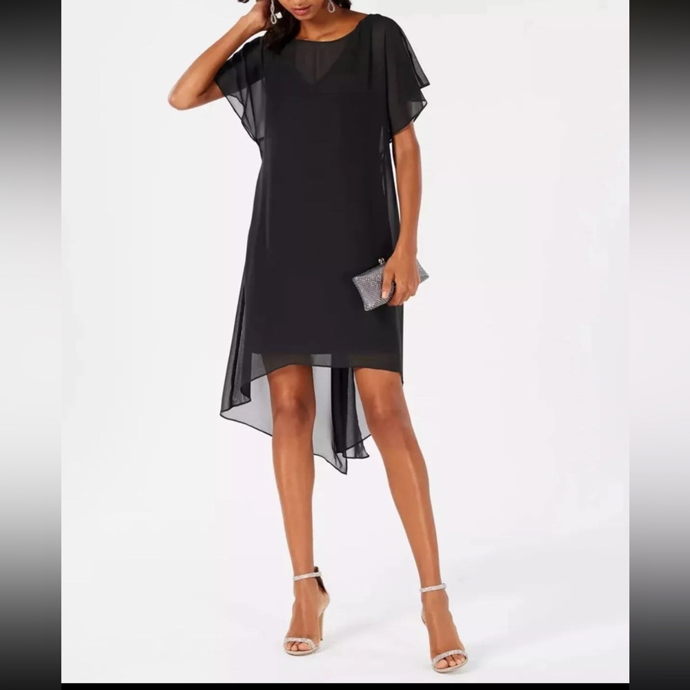 ADRIANNA PAPELL Chiffon Dress Size Medium Black Flowy Draped Hi-Low Shift M